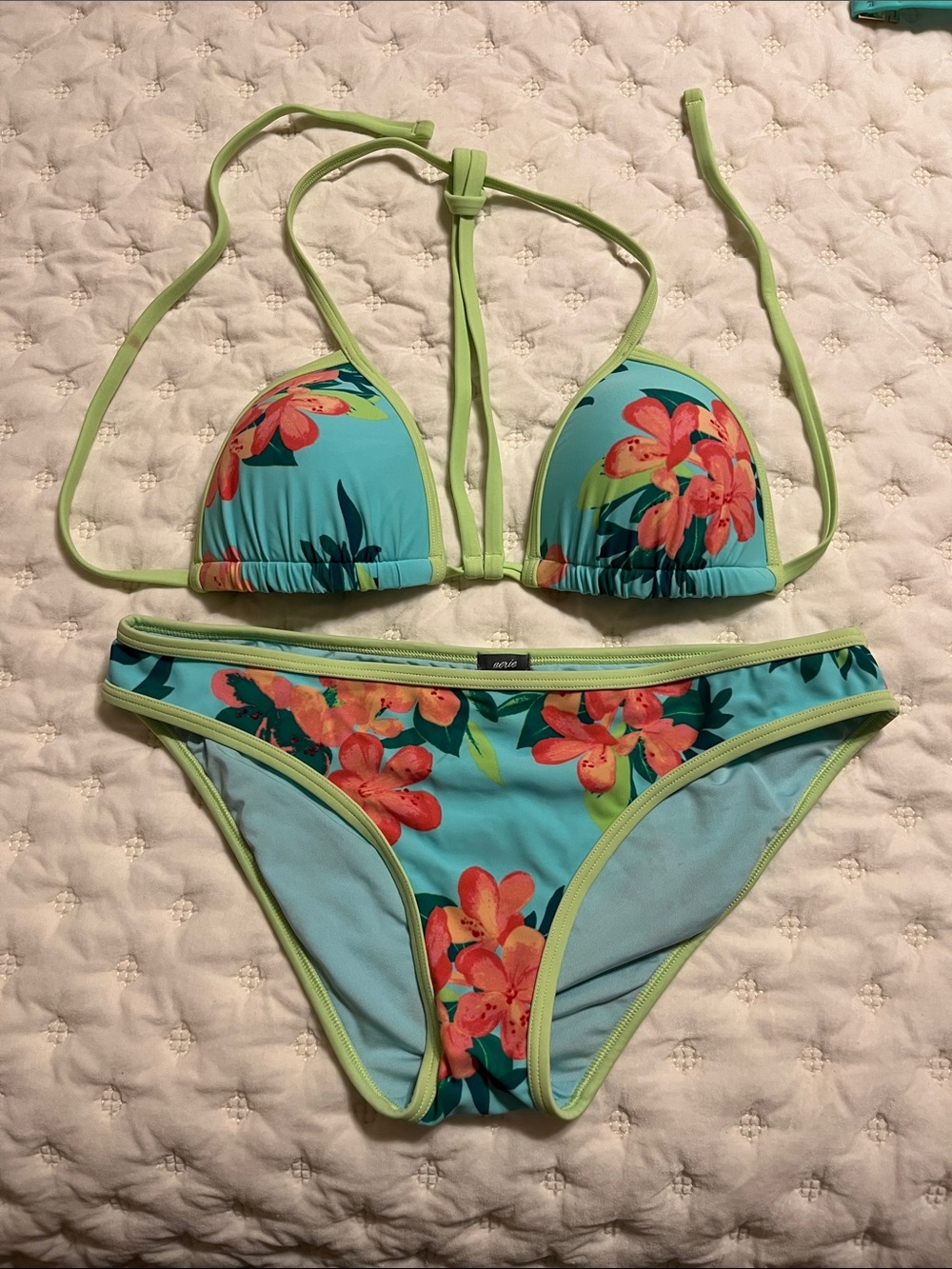 aerie Aqua Floral Bikini Set with Coral Flowers and Lime Trim